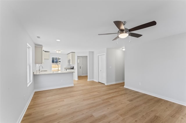 unfurnished living room with light wood-type flooring, sink, and ceiling fan