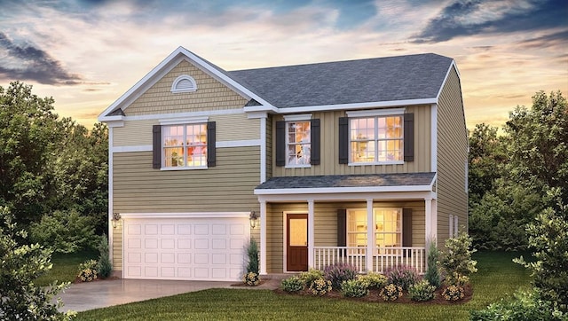 craftsman-style house featuring a garage, a yard, and a porch