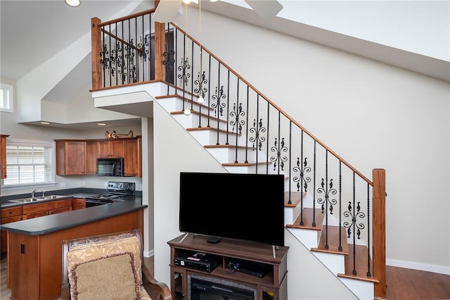 staircase with hardwood / wood-style flooring, a high ceiling, and sink