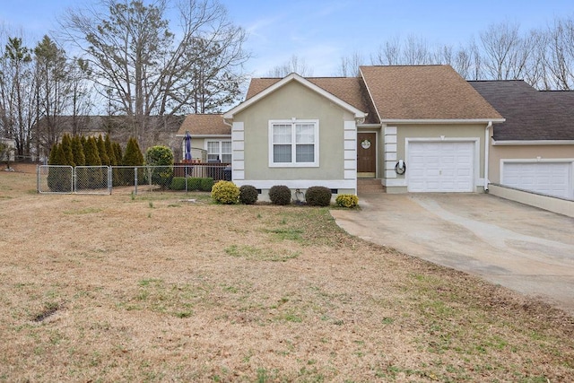 single story home featuring an attached garage, fence, driveway, crawl space, and stucco siding