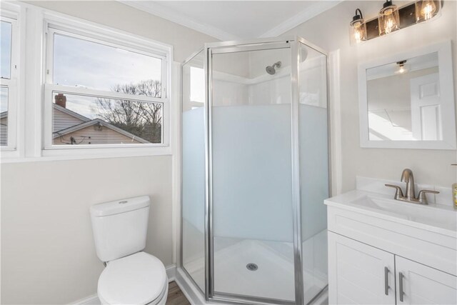 full bathroom with crown molding, toilet, a shower stall, and vanity