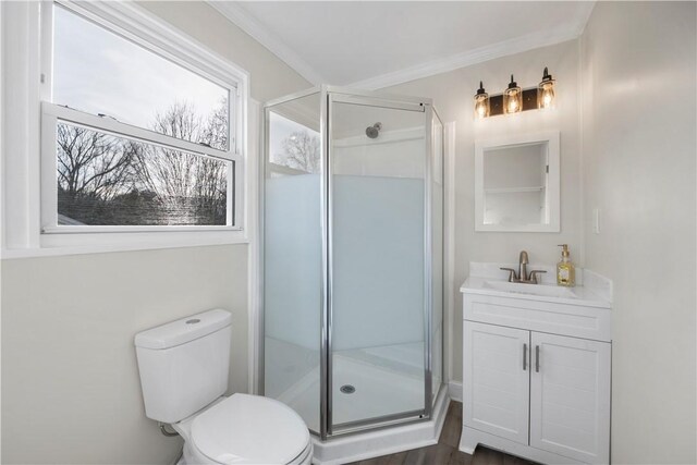 bathroom with toilet, ornamental molding, a stall shower, and vanity