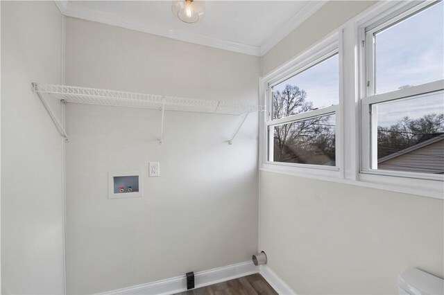 laundry room with laundry area, washer hookup, dark wood-style flooring, baseboards, and ornamental molding