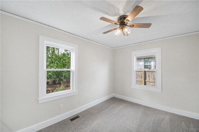 empty room with baseboards, visible vents, a wealth of natural light, and carpet flooring