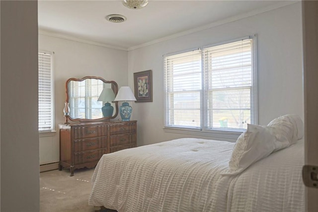 bedroom featuring a baseboard radiator, light carpet, crown molding, and visible vents