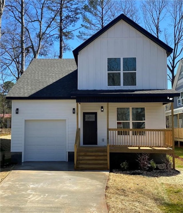 view of front of property with driveway, board and batten siding, covered porch, roof with shingles, and a garage