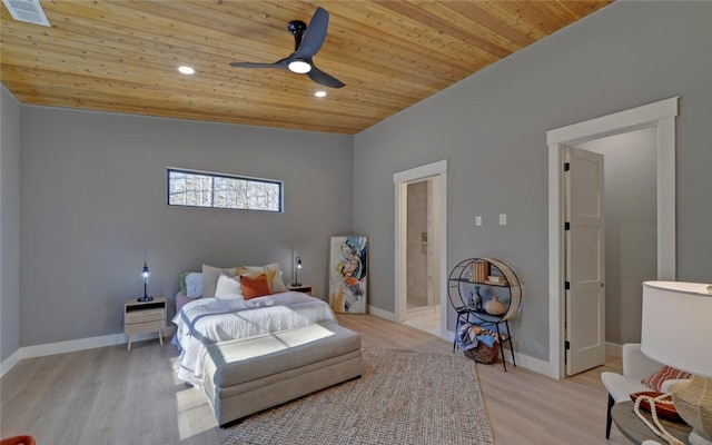 bedroom with wooden ceiling, recessed lighting, visible vents, baseboards, and light wood-type flooring