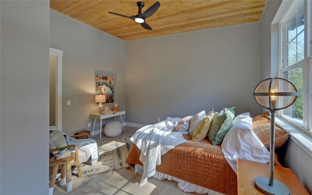 bedroom featuring light wood-style flooring, a ceiling fan, wood ceiling, vaulted ceiling, and baseboards