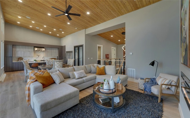 living room with visible vents, wooden ceiling, light wood-style flooring, high vaulted ceiling, and recessed lighting