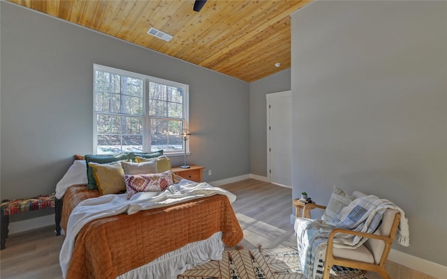 bedroom featuring light wood-type flooring, wood ceiling, visible vents, and lofted ceiling