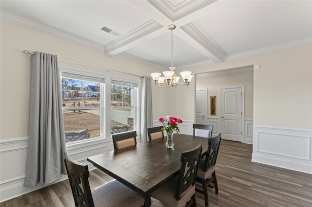 dining room featuring ornamental molding, dark wood-style flooring, visible vents, and beamed ceiling