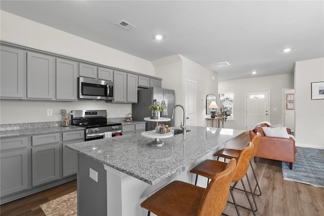 kitchen with stainless steel appliances, a center island with sink, and light stone counters