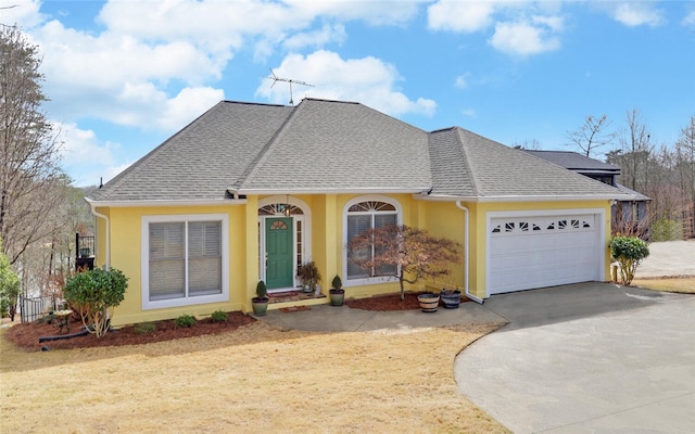 view of front of house with a garage, concrete driveway, roof with shingles, and stucco siding