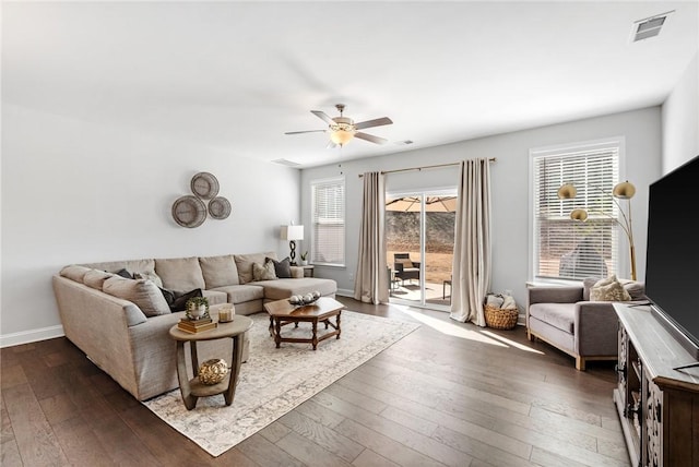129 Rushing Creek Ln, Piedmont, SC 29673 - living area featuring a ceiling fan, visible vents, dark wood finished floors, and baseboards