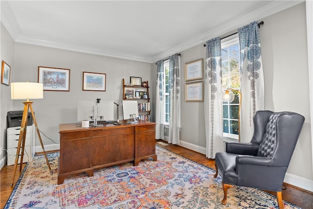 office featuring crown molding, baseboards, and wood finished floors