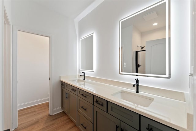 bathroom with double vanity, a sink, baseboards, and wood finished floors