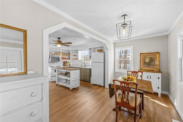 93 Parnell Rd, Abbeville, SC 29620 - kitchen featuring open shelves, white appliances, light wood-style floors, crown molding, and a ceiling fan
