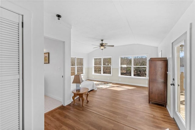 93 Parnell Rd, Abbeville, SC 29620 - entryway featuring vaulted ceiling, baseboards, a ceiling fan, and wood finished floors