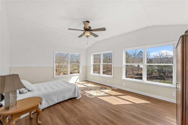 93 Parnell Rd, Abbeville, SC 29620 - bedroom with lofted ceiling, wood finished floors, wainscoting, ceiling fan, and baseboards