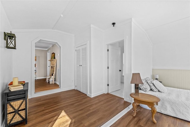 93 Parnell Rd, Abbeville, SC 29620 - bedroom with wood finished floors, arched walkways, lofted ceiling, and a closet