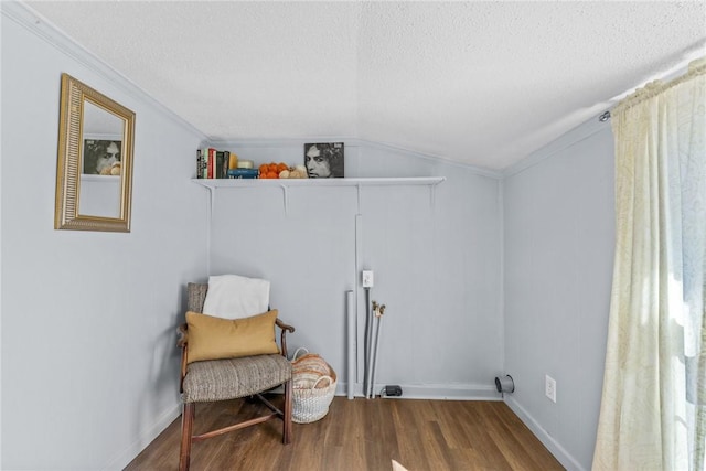93 Parnell Rd, Abbeville, SC 29620 - sitting room with a textured ceiling, wood finished floors, lofted ceiling, and ornamental molding