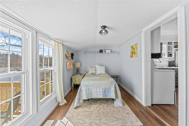 93 Parnell Rd, Abbeville, SC 29620 - bedroom featuring a textured ceiling, wood finished floors, lofted ceiling, a sink, and baseboards