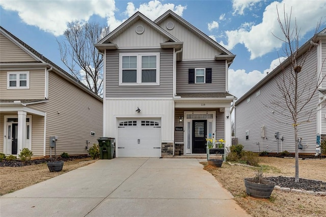 craftsman house featuring concrete driveway, stone siding, board and batten siding, and an attached garage