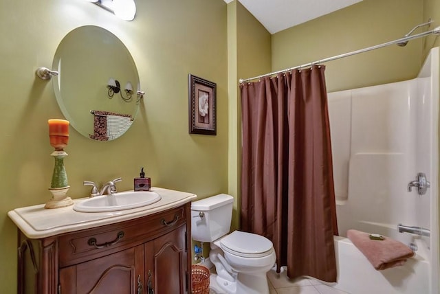 full bath featuring shower / bathtub combination with curtain, tile patterned flooring, vanity, and toilet