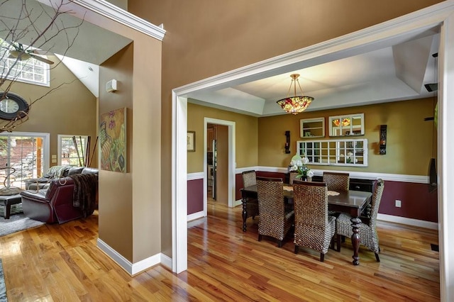 dining room with light wood-type flooring, a raised ceiling, a towering ceiling, and baseboards