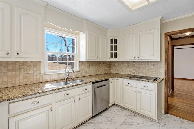 kitchen featuring marble finish floor, white cabinets, a sink, light stone countertops, and dishwasher