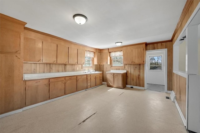 kitchen featuring finished concrete floors, light countertops, wood walls, and a sink