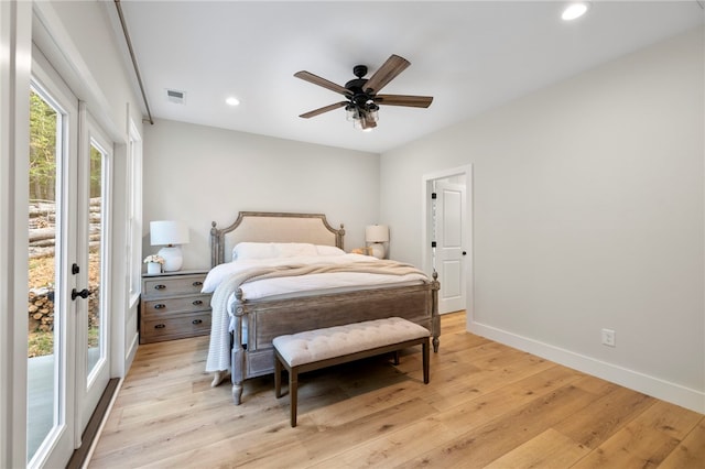 bedroom with visible vents, baseboards, light wood-style flooring, ceiling fan, and recessed lighting