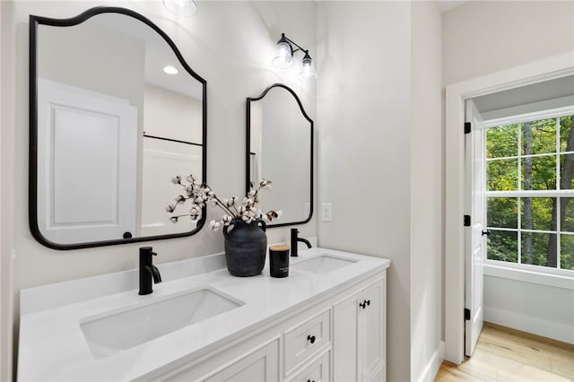 full bathroom with double vanity, wood finished floors, and a sink