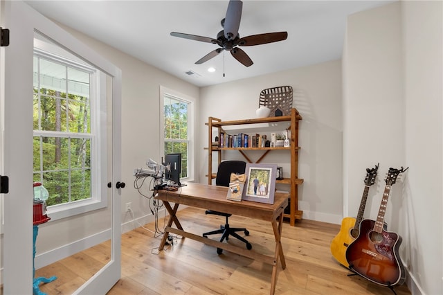 office featuring baseboards, plenty of natural light, visible vents, and wood finished floors