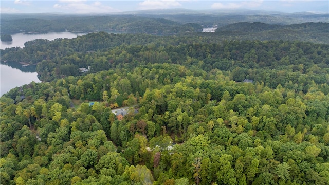 birds eye view of property with a water view and a view of trees