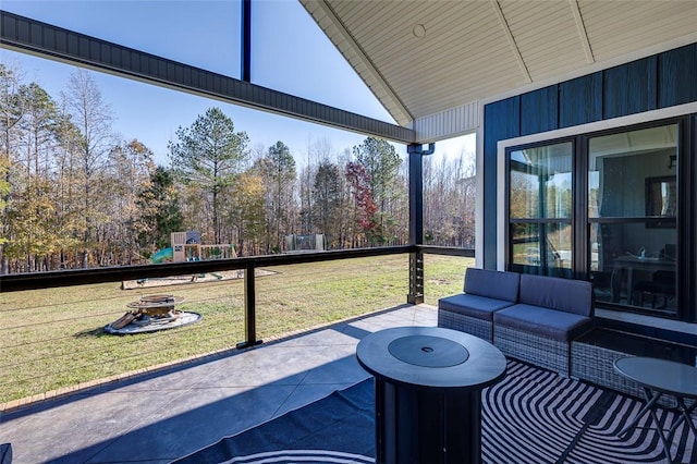 exterior space featuring vaulted ceiling