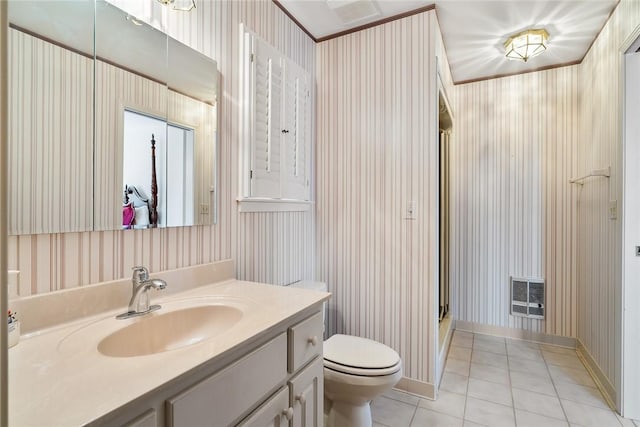 full bath featuring visible vents, toilet, tile patterned floors, walk in shower, and vanity