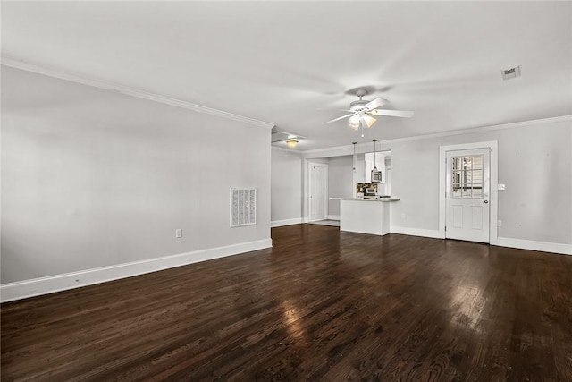 unfurnished living room featuring ceiling fan, ornamental molding, dark wood-type flooring, and visible vents