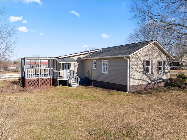 123 Bass Dr, Fair Play, SC 29643 - back of property featuring central air condition unit, a wooden deck, a yard, and crawl space