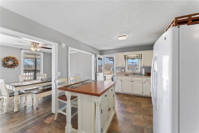 123 Bass Dr, Fair Play, SC 29643 - kitchen with freestanding refrigerator, a sink, a wealth of natural light, and white cabinetry