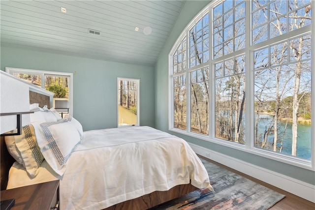 bedroom featuring lofted ceiling, a water view, wood finished floors, and baseboards