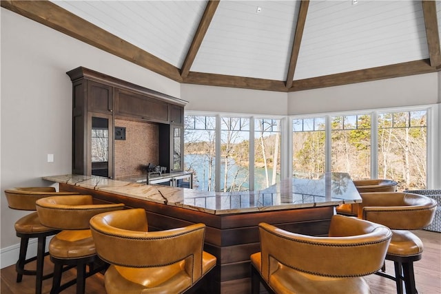 bar featuring plenty of natural light, wood finished floors, and beamed ceiling