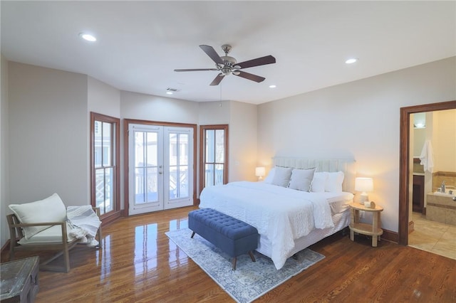 bedroom featuring french doors, wood finished floors, visible vents, and recessed lighting