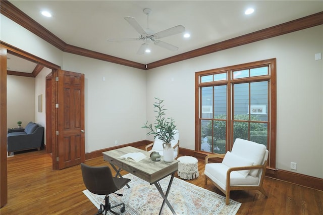 office with baseboards, a ceiling fan, wood finished floors, crown molding, and recessed lighting