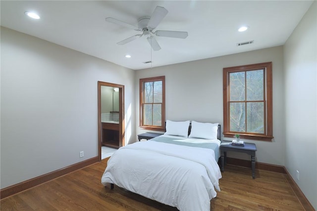 417 Village Walk Ln, Clemson, SC 29631 - bedroom with wood finished floors, recessed lighting, ceiling fan, and connected bathroom