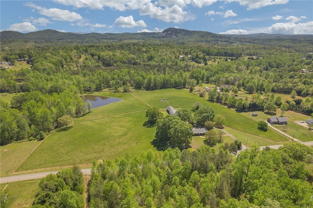 bird's eye view with a view of trees and a water and mountain view