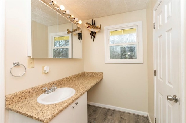 bathroom featuring plenty of natural light, a textured ceiling, baseboards, and wood finished floors