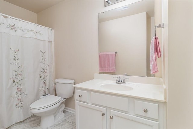 full bathroom featuring marble finish floor, visible vents, a shower with shower curtain, toilet, and vanity