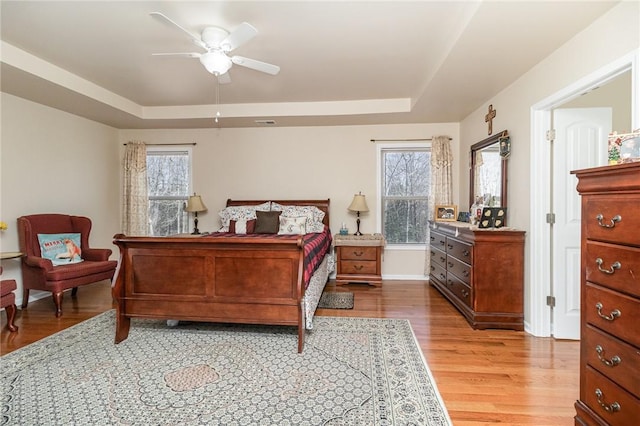 bedroom with light wood finished floors, multiple windows, and a raised ceiling