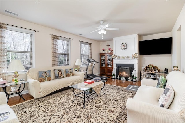 living area featuring a glass covered fireplace, visible vents, ceiling fan, and wood finished floors